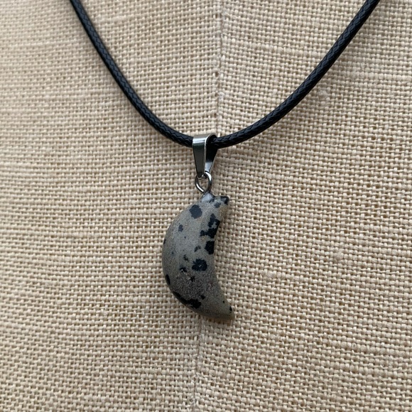 Handmade Dalmatian Jasper Stone Mini Moon Amulet Necklace - Picture 4 of 7